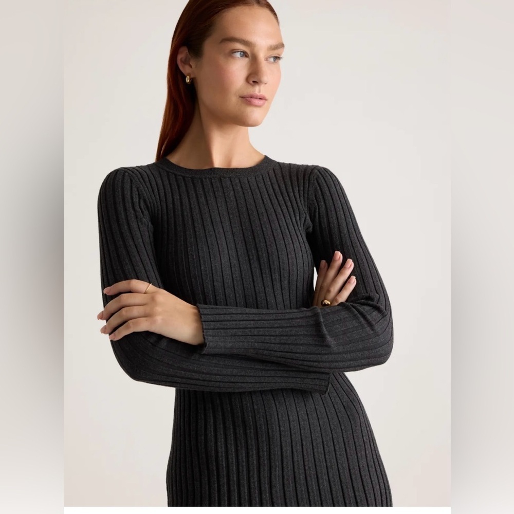 Quince Cotton Cashmere Ribbed Long Sleeve Crew Midi Dress charcoal Heather XL - Picture 3 of 10